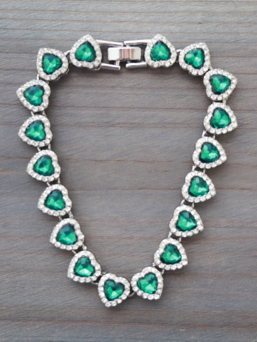 Green Heart Halo Diamond Chain Tennis Bracelet Silver Plated with Rhinestones